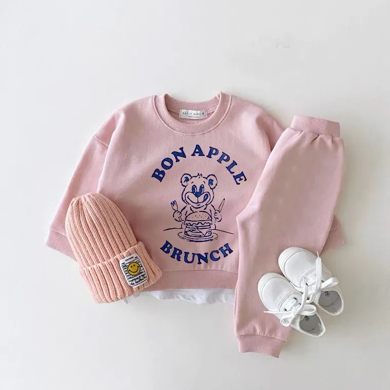 Toddler Cartoon Sweatshirt+Pants Two Piece Sets Spring Autumn Clothes Boys Solid Color Hoodies Long Sleeve Tracksuits Outer Wear