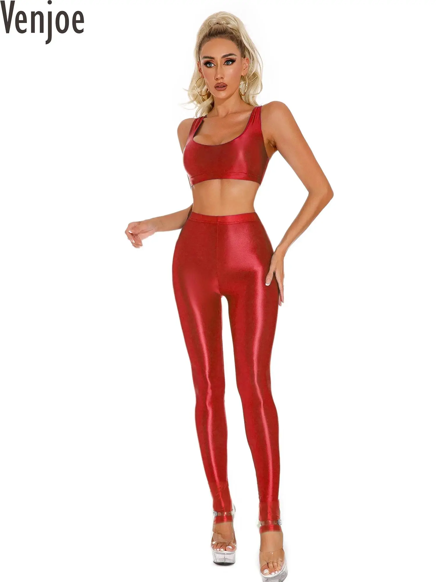 

Womens Oil Glossy 2 Piece Set U Neck Crop Tank Top with High Waist Stirrup Leggings Tights Stretchy Yoga Gymnastics Sportswear