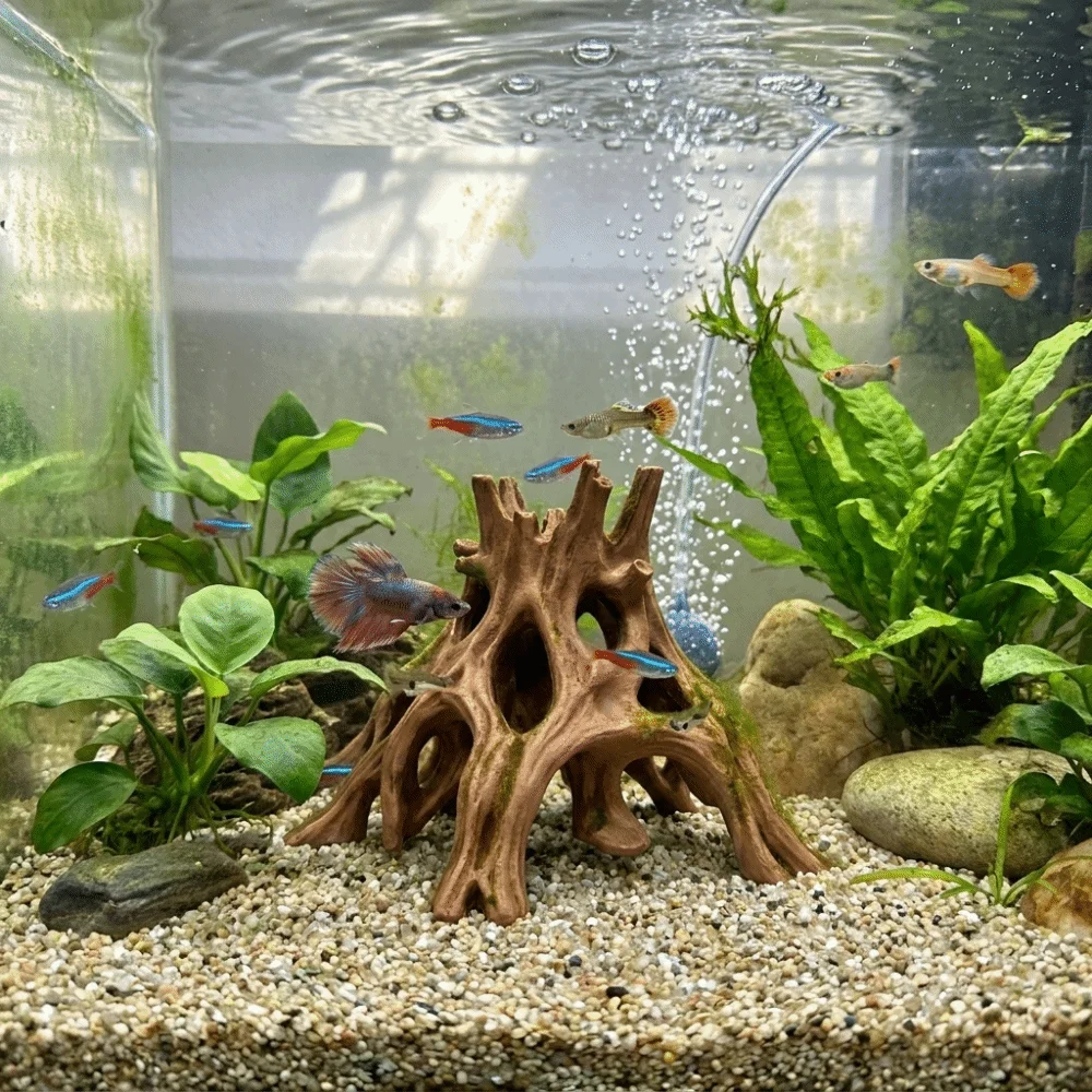 Tree Trunk Fish Shrimp Hiding Cave Plastic Unique Driftwood Landscape Multi-Hole 3D Printed Aquarium Fish Shelter