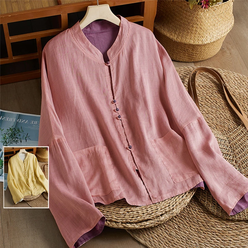 

Осенняя новинка Sle Artistic Color Long Sve irt Тонкая верхняя одежда большого размера, женская двусторонняя повседневная одежда с воротником-стойкой...