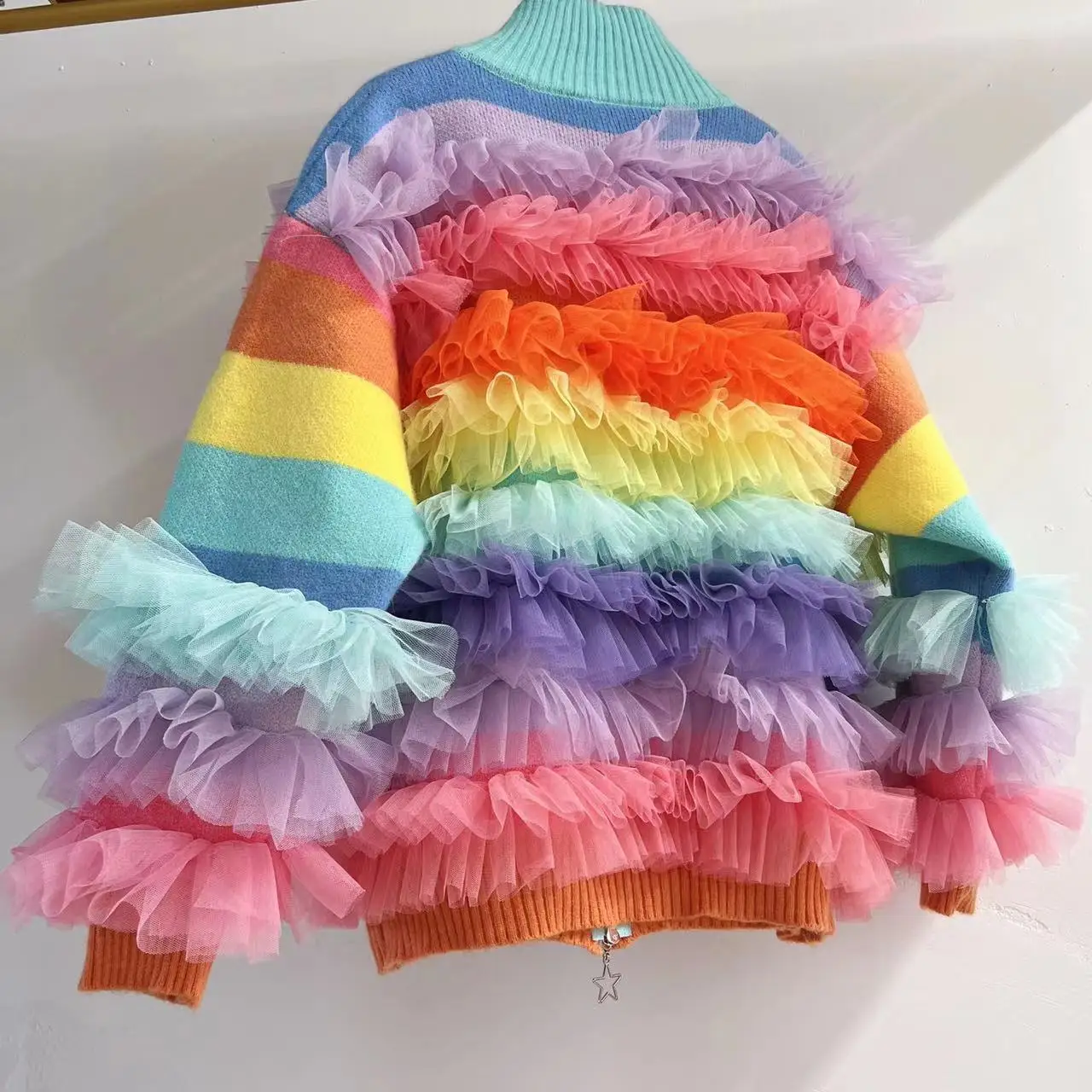 Chic Rainbow Striped Contrast Color Mesh Spliced Sweater Coat Gauze Patchwork Ruffles Cardigan Ruched Knitwear Jumpers Crop Tops