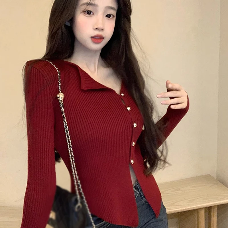 V-Neck Long-Sleeved Top Women Irregular Design Solid Color Knitted Outfit Retro Simple Short Style Slim Fitting Sexy Spring