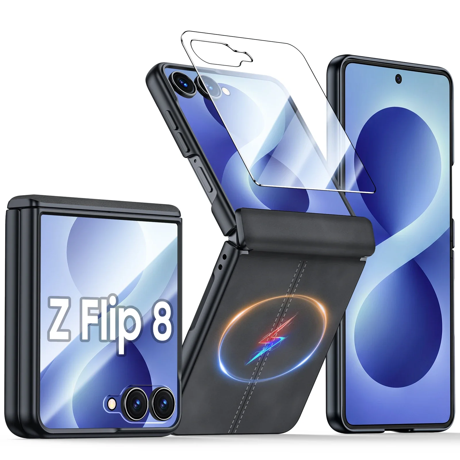 for Samsung Galaxy Z Flip 8 Case,with Hing Protection,Screen Protector&Ultra Thin Leather Matte PC Shockproof Cove Case-Black