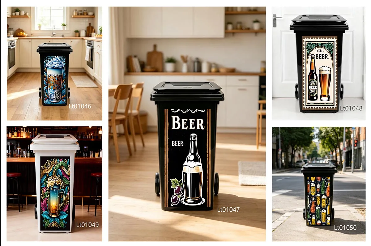 Ornate Floral Foamy Beer Mug Trash Can Sticker Self-adhesive Waterproof Vinyl Decal for Outdoor Wheeled Garbage Bin Stickers