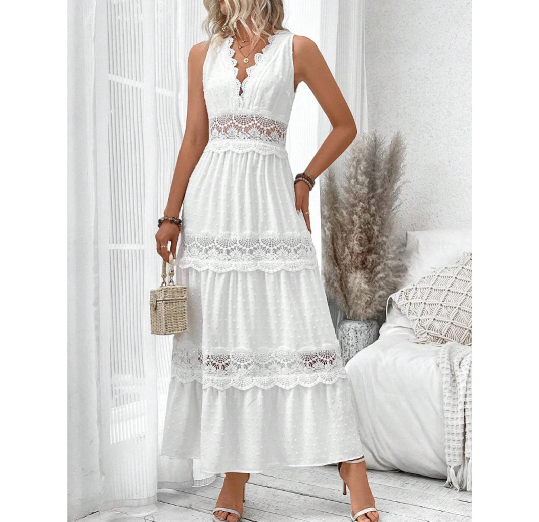 Summer Dress Women 2024 Lace Patchwork V-neck Sleeveless Dresses Fashionable and Versatile Long Skirt for Female Streetwear