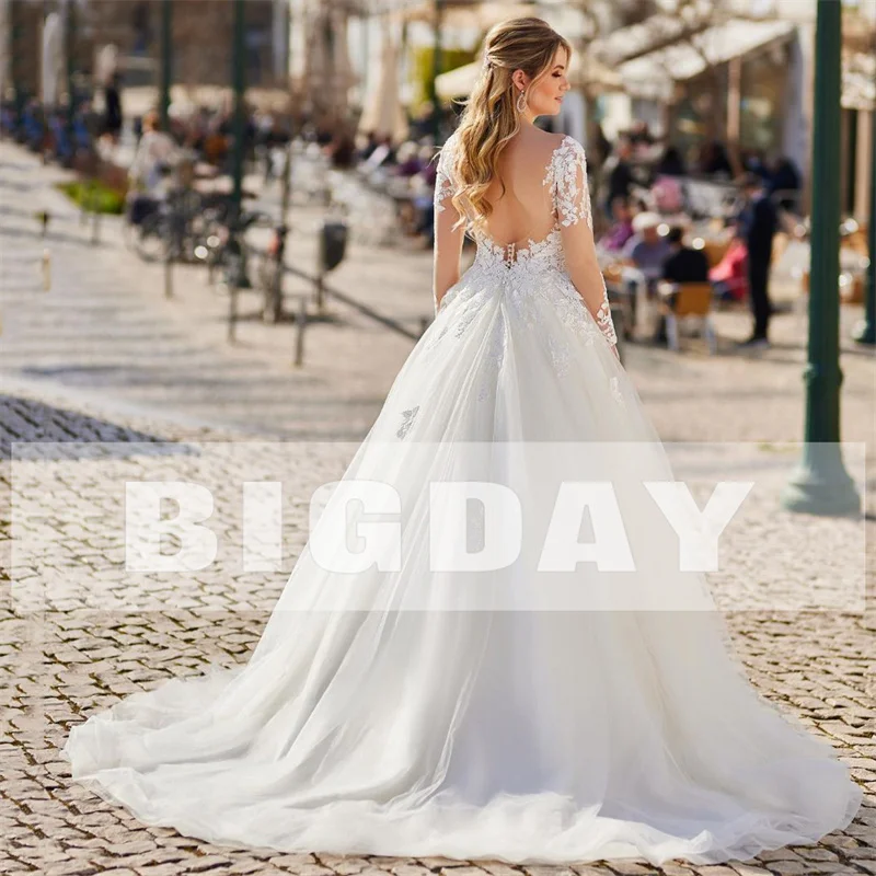 Vestido De novia elegante De corte en A para mujer, vestido De novia con apliques De manga larga y espalda abierta De encaje, Vestidos De novia personalizados