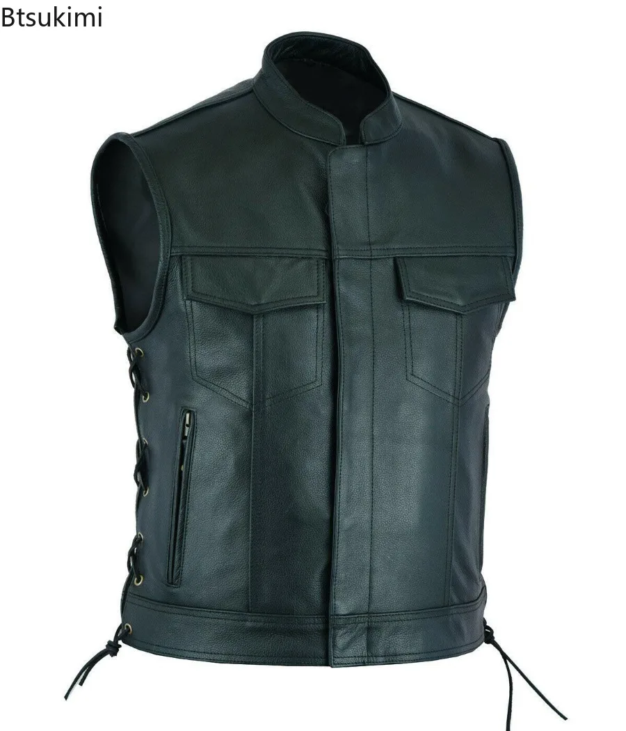 2025Men's Leather Vest Casual Punk Style Stand Collar Zipper Sleeveless Vest Coats Men Handsome Motorcycle Biker PU Leather Tops