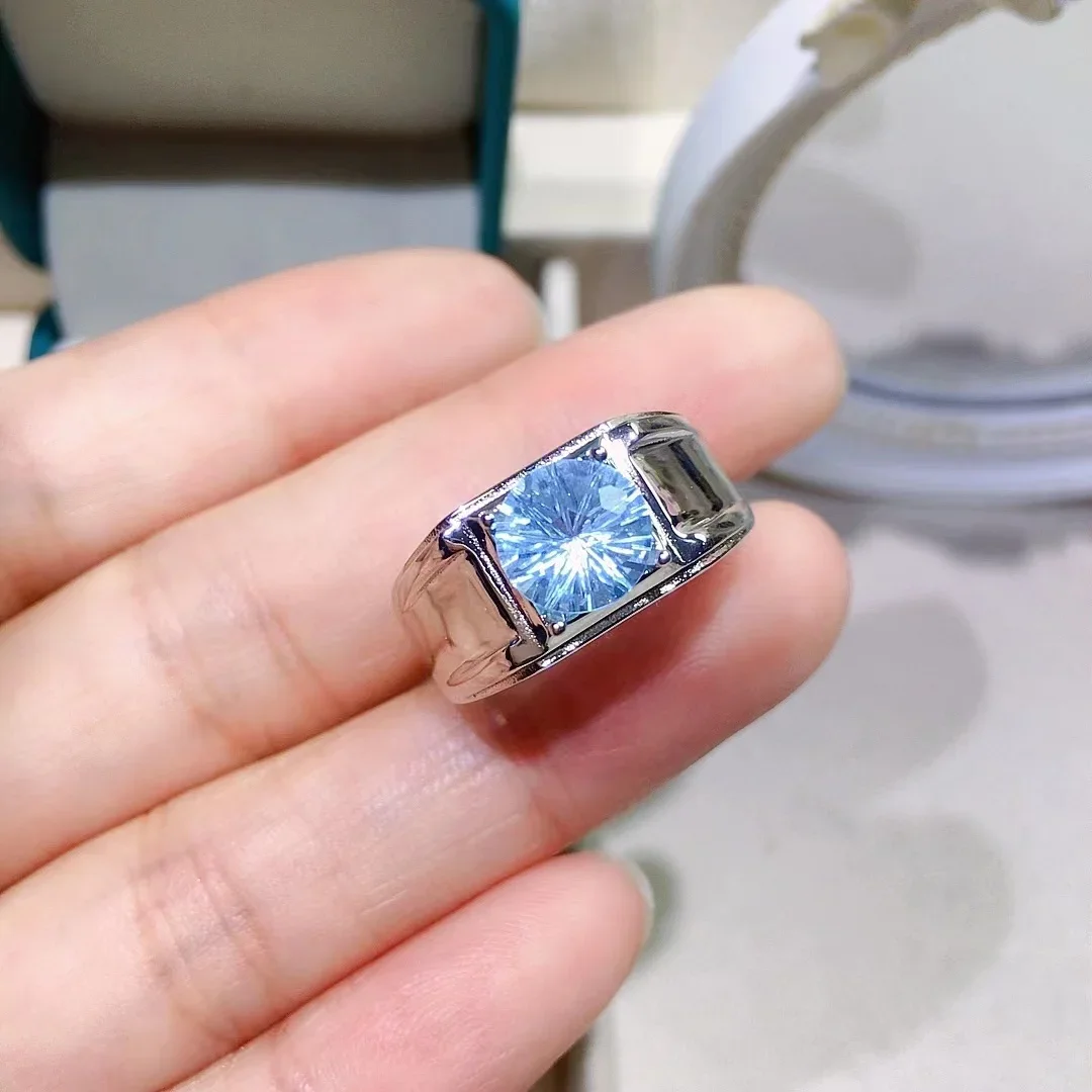 Cincin Pria Topas Biru Terang 2ct Cincin Topas Alami 8Mm * 8Mm untuk Pria Perhiasan Topas Perak 925 untuk Pakaian Sehari-hari