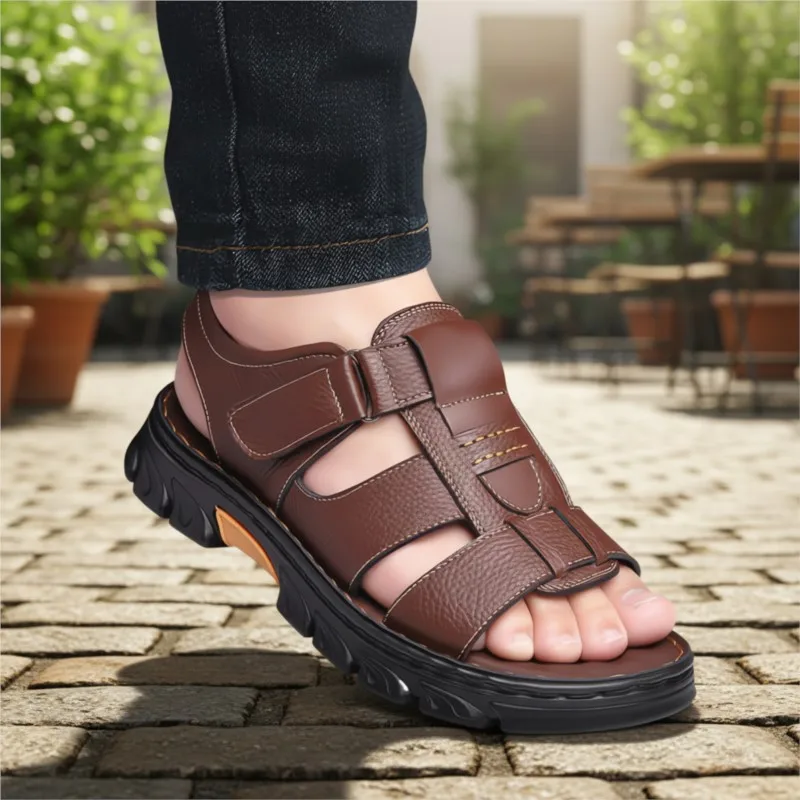

Men Sandals Cowhide Leather Beach Outdoor Non Slip Thick Sole Summer Comfortable Lightweight Durable Genuine Walking Travel
