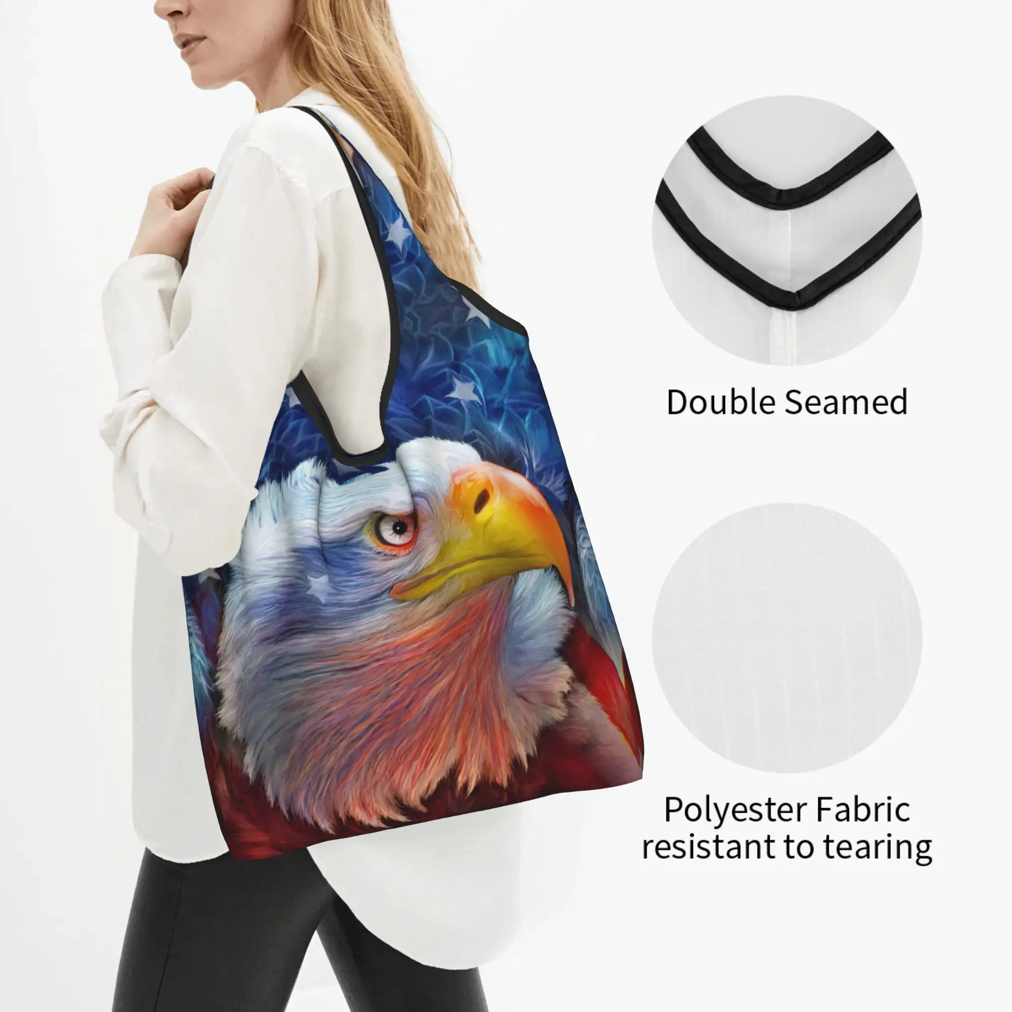 American Eagle Groceries Shopping Tote Bag Women Custom United States USA Flag Shoulder Shopper Bag Big Capacity Handbags