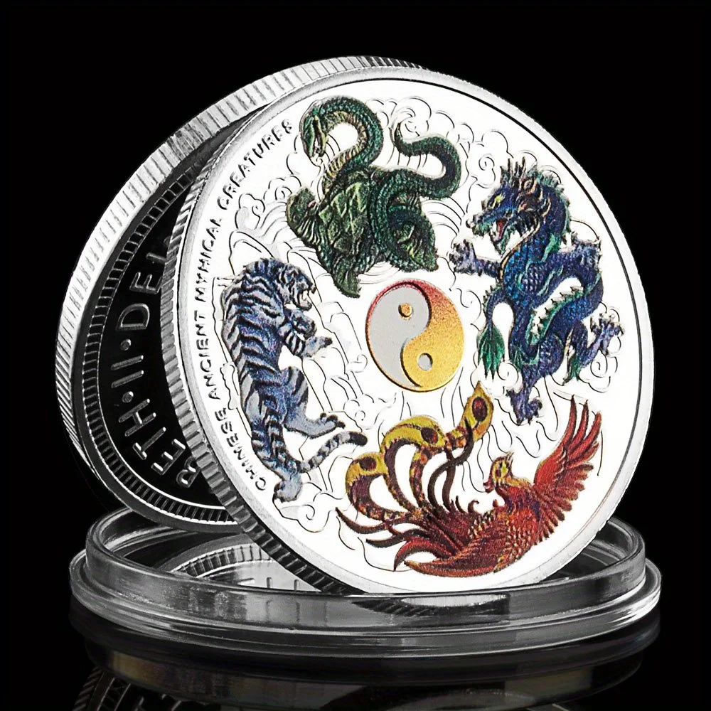 Cuatro grandes criaturas míticas dragón azul, Fénix, tigre blanco, tortuga negra cabeza de Elizabeth II moneda conmemorativa chapada en plata