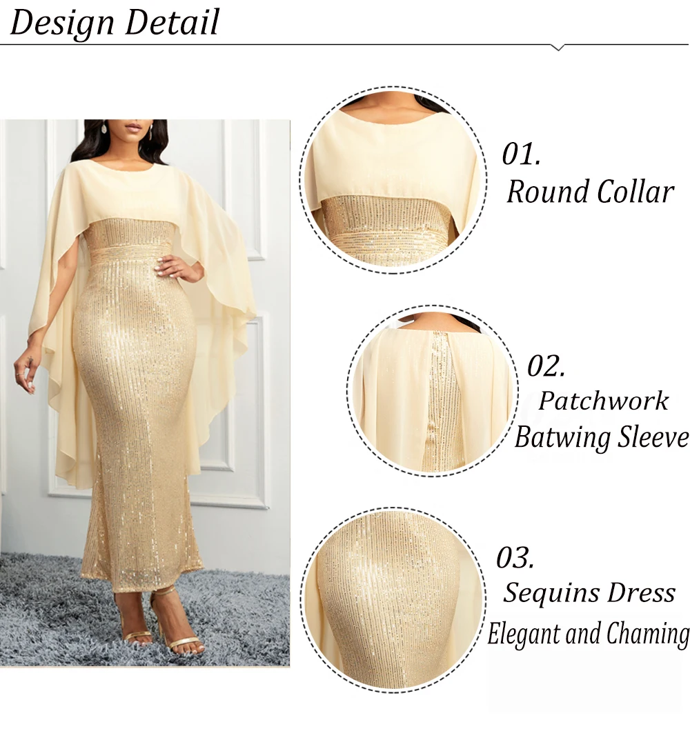 VITRCHP Women\'s Evening Dress Sequined Chiffon Shawl Style Slim Fit Wrap Hip European and American Style Banquet Party Dresses