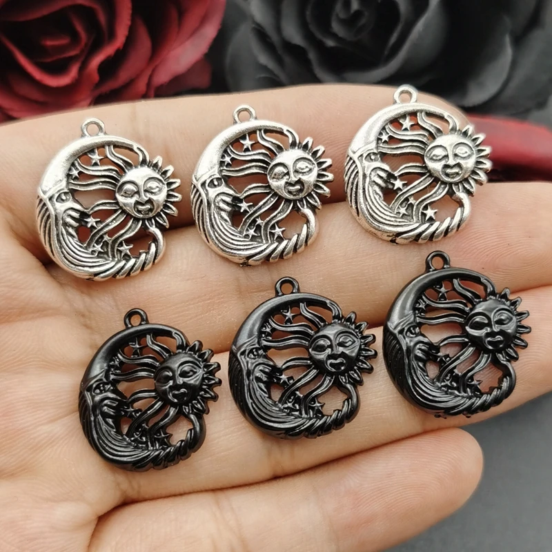 5pcs 21*23mm Antique Silver Color Jewelry Sun with Moon and Stars Pendant Charm Pendants DIY Handmade Crafts Jewelry Accessories