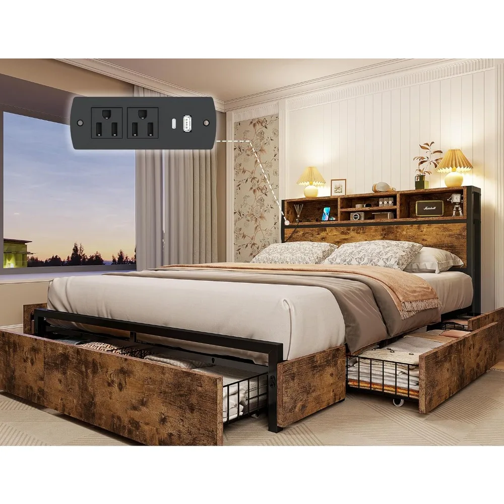 Full Size Bed Frame with 6 Storage Drawers, Beds Frames with Headboard, Full Size Bed Frame with Charging Station