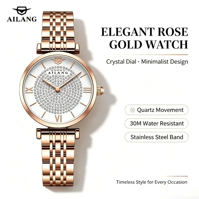AILANG-8006 Luxury Women's Watch Rose Gold Two-tone Bracelet Bling Diamond Dial Roman Markers Waterproof Clock