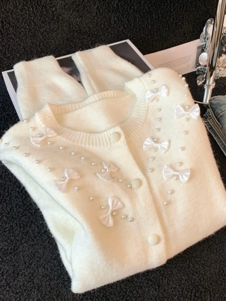 Cardigan ouvert tricoté à nœud rouge pour femme, pull rond avec perles, printemps, automne et hiver, Ne Year, Jaet pour les déplacements