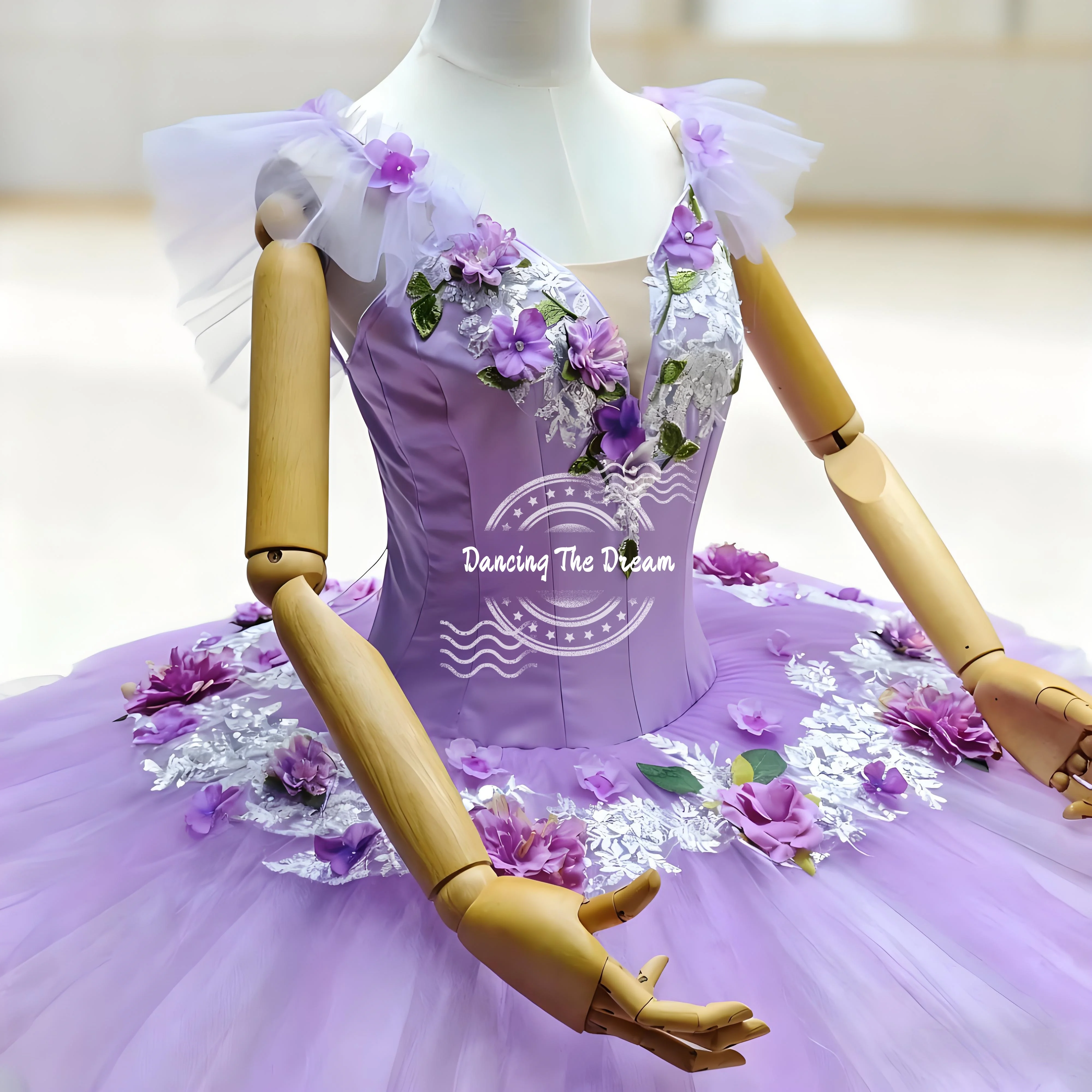 فستان باليه توتو مزين بالزهور من الخزامى للفتيات، زي رقص أنيق مع تنورة من التول الناعم