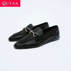 QUTAA 2023 Women Pumps Retro Office Ladies Casual Flat Heels Genuine Leather Shoes Woman Spring Summer Loafers Size 35-43