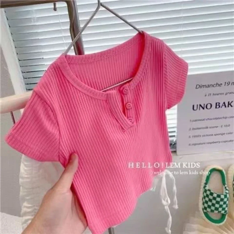 Baby Girls Short Sleeved T-Shirt 2024 Summer Kids Top Tees Toddler Button Pullover 1 To 6Yrs Children's Clothing Fashion