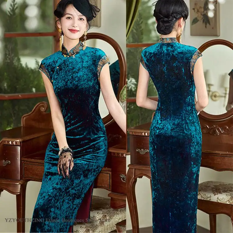 

Retro Elastic Velvet Qipao New Chinese Style Long Dresses Formal Party Dress Traditional Classic Femael Cheongsam Sexy Vestidos