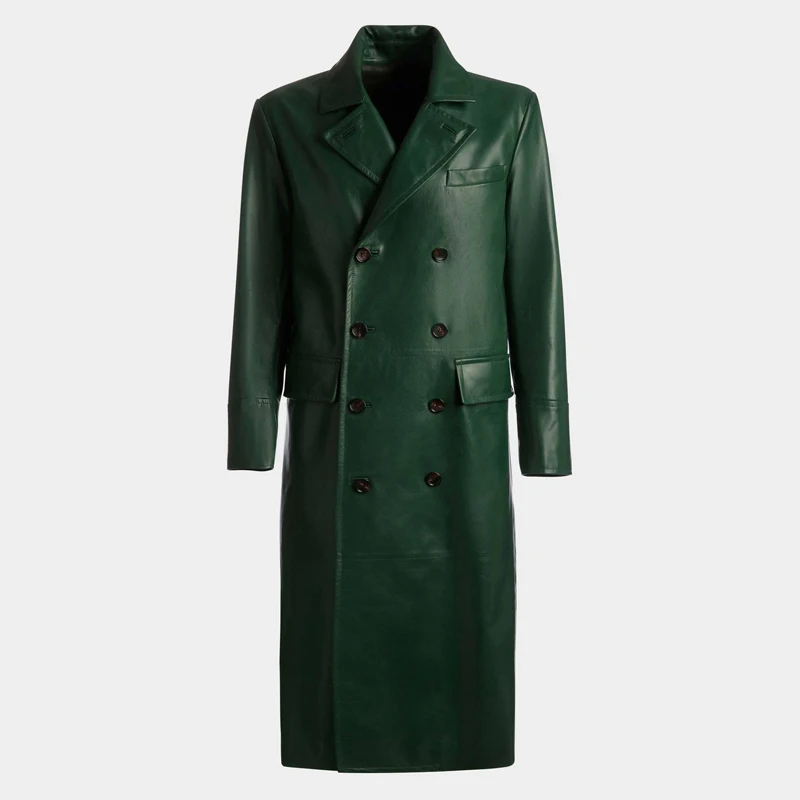 Men's Ultra-Long Green Genuine Leather Trench Coat - Classic British Trend Personalized Fashion