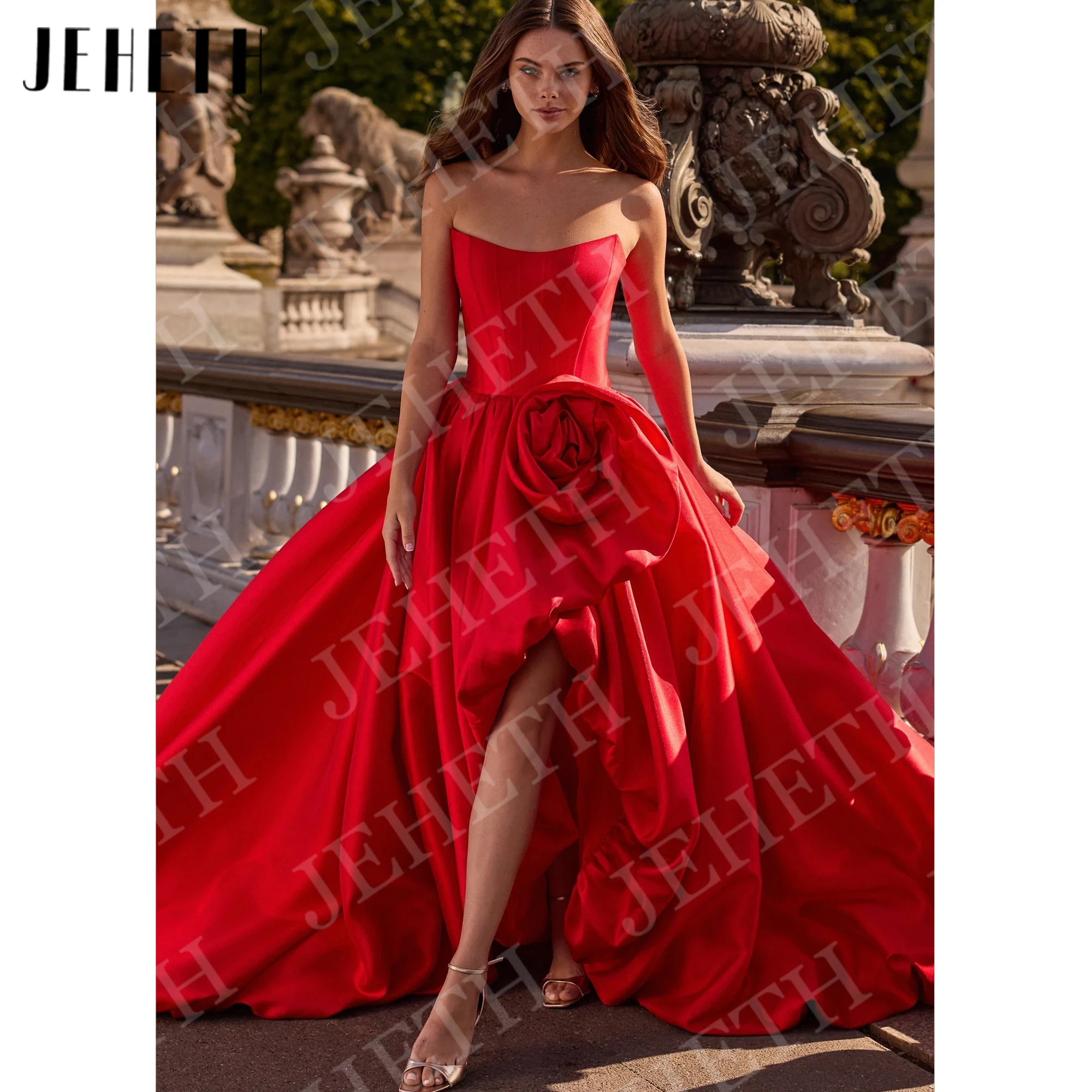 

JEHETH A Line Evening Dresses Strapless Customized Prom Gowns Satin High Low Red Carpet Dress Sleeveless vestido de formatura
