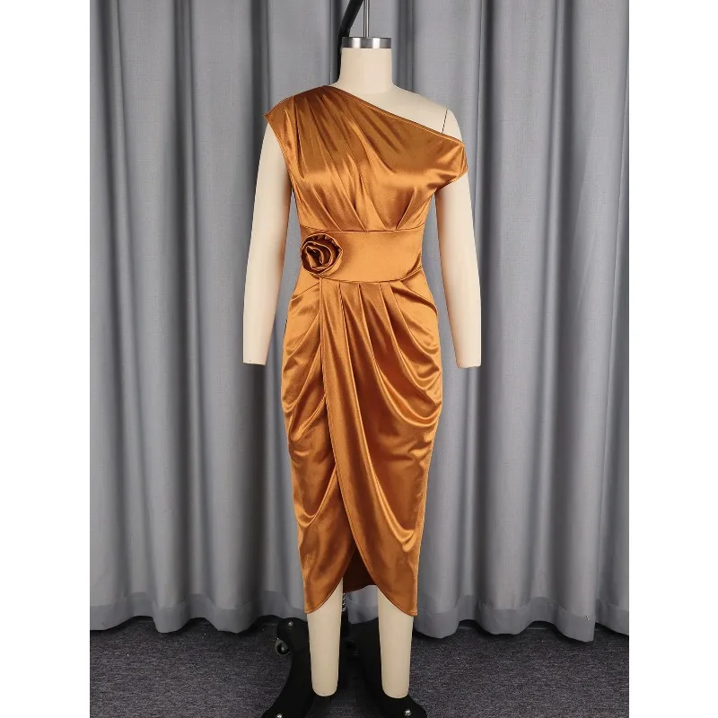 

Gold Africa Dress for Women for Evening Party Summer Fashion African Sleeveless Polyester Bodycon Midi Dresses Africa Clothing