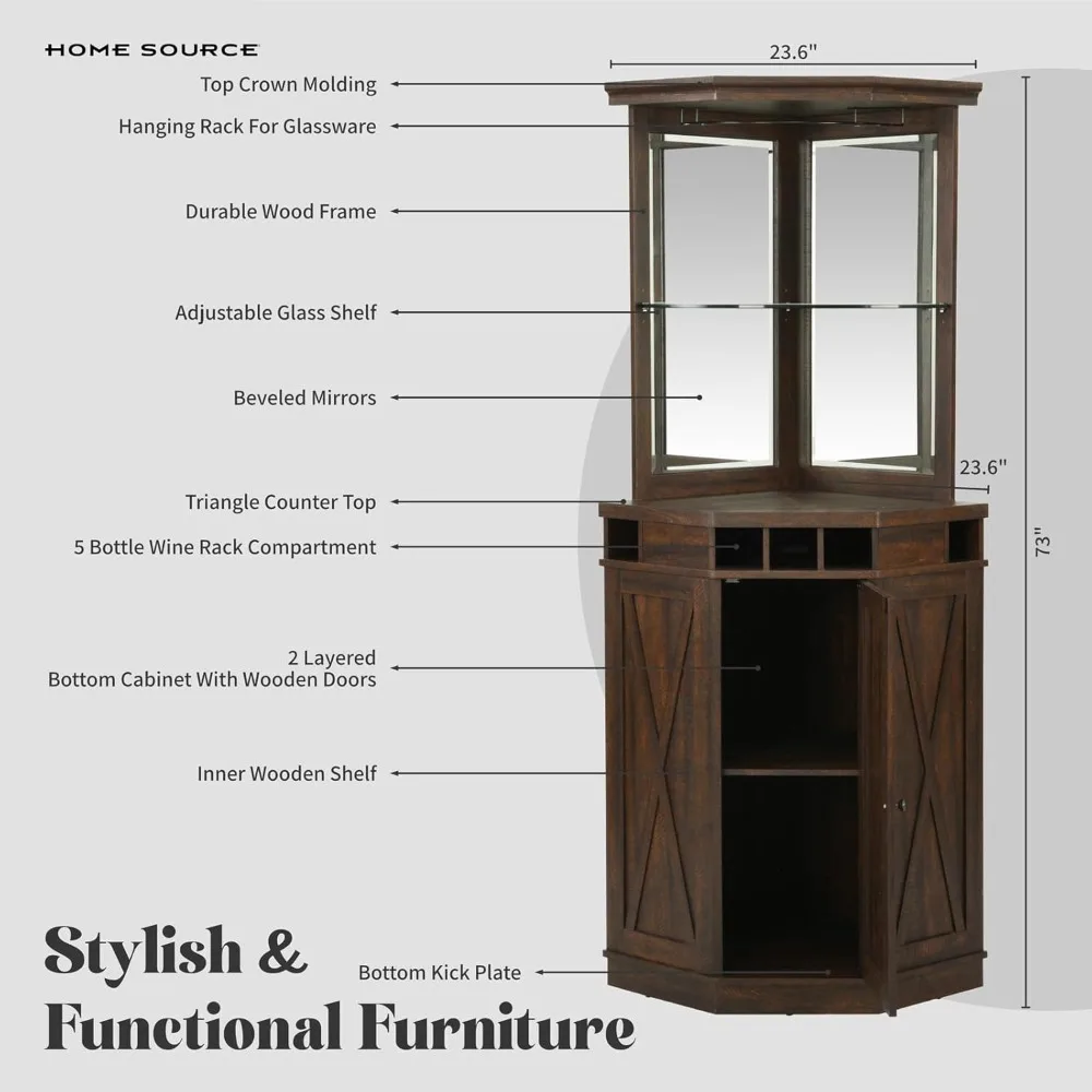 73" Tall Corner Storage Cabinet with Wood Doors, Wine Rcak, Liquor Glass Holder, Glass Design Large Rustic Bar Hutch