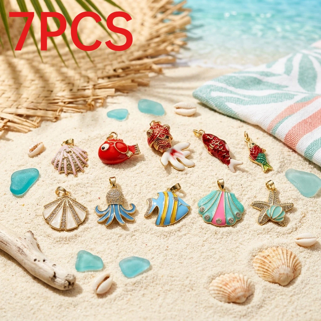 7Pcs Ocean Creatures Series Enamel Charms For Women DIY Jewelry Making Pendants Accessories For Necklace Bracelet