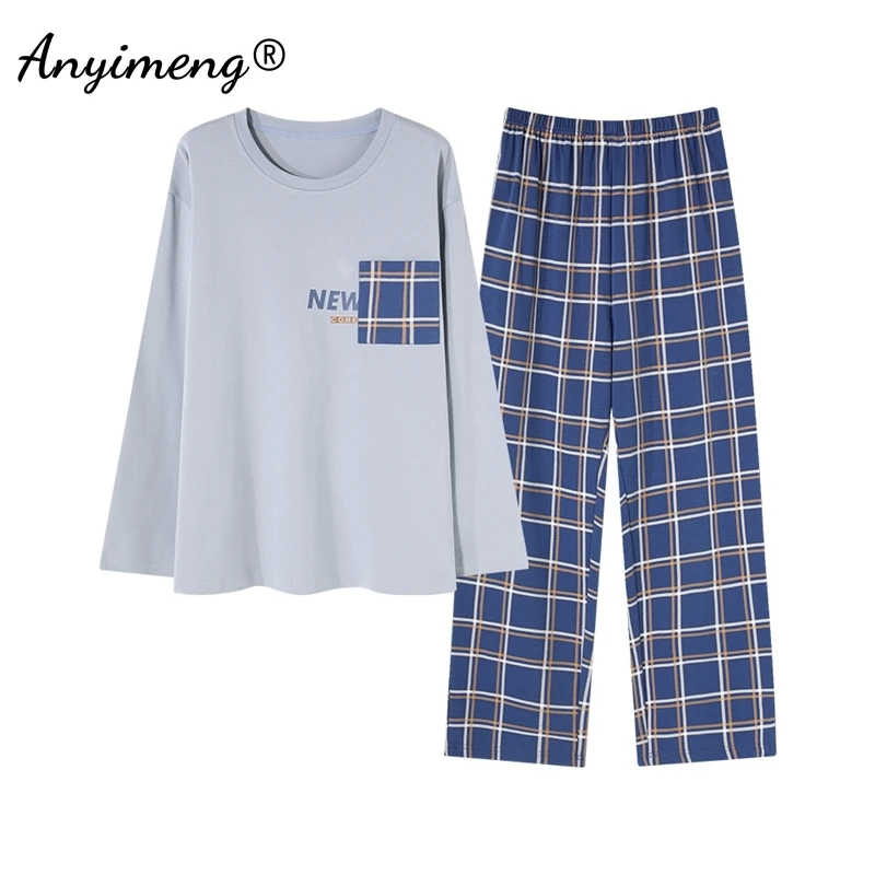 Conjunto de pijama de algodón de imitación para hombre, ropa de dormir de manga larga con cuello redondo, a la moda, para otoño e invierno, L-3XL