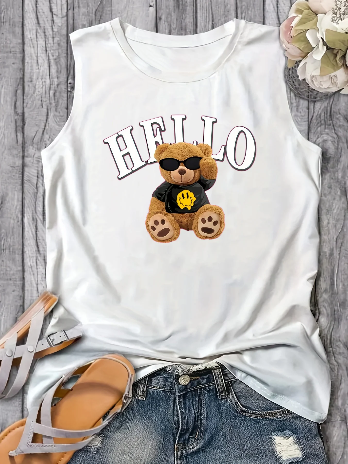Women's Summer HELLO BEAR Crew Neck Breathable cartoon Print Large Casual Round Neck Sleeveless Loose Tank Top T-shirt