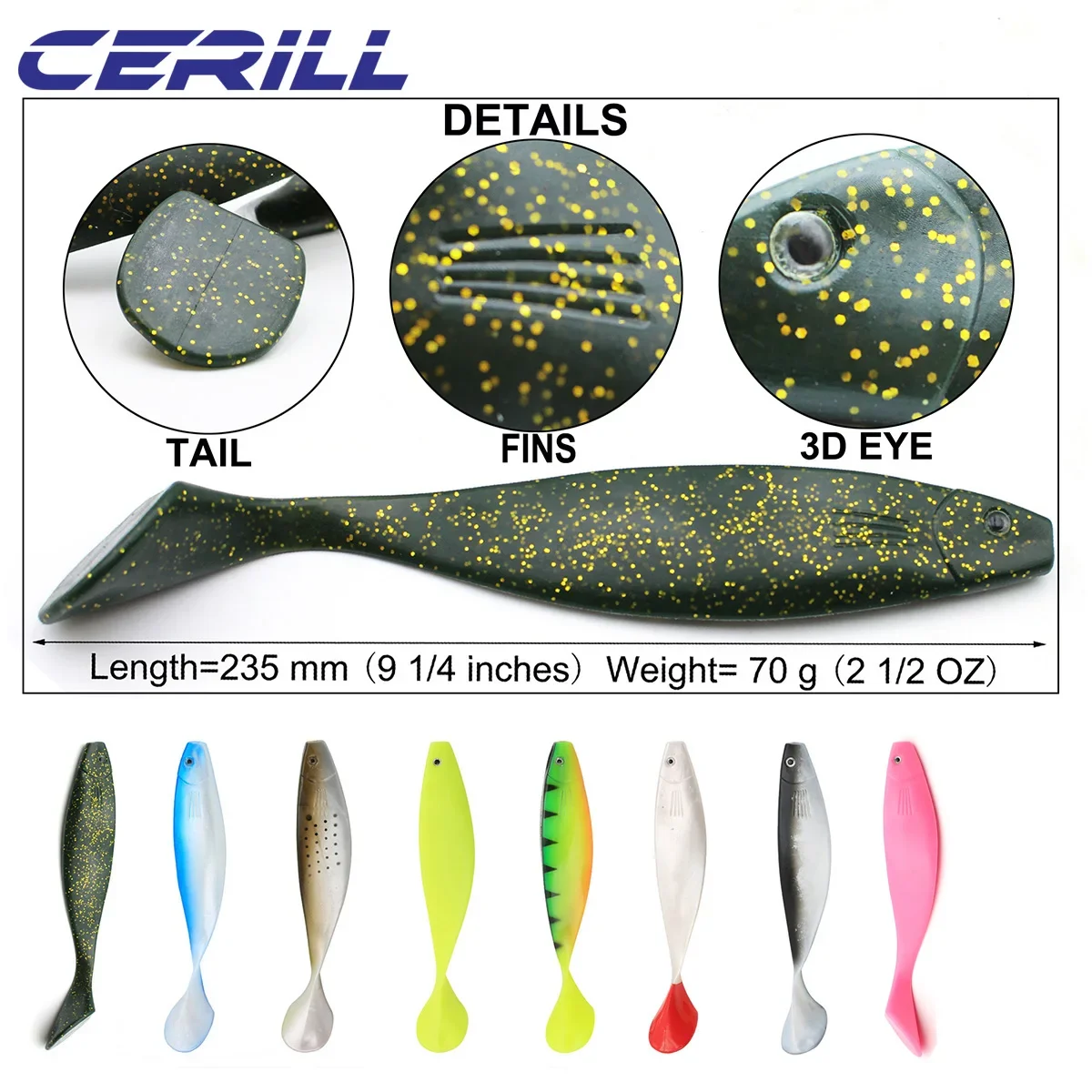 Cerill 1 PC 235mm 70g Big 3D Eyes Soft Fishing Lure Paddle Tail Jig Wobblers Silicone Artificial Bait Pike Bass Shad Swimbait