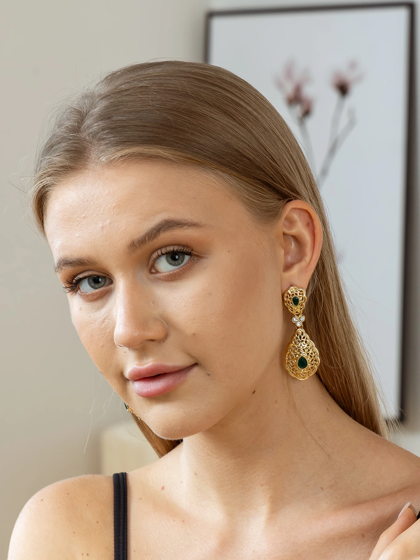 Gold Color Moroccan Bridal Earring Arabesque Drop Earring for Women with Bright