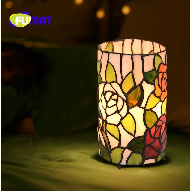 FUMAT led Night Light Tiffany Rose Cylinder Stained Glass lustre handmade Creative led light for bedroom bedside Lamp