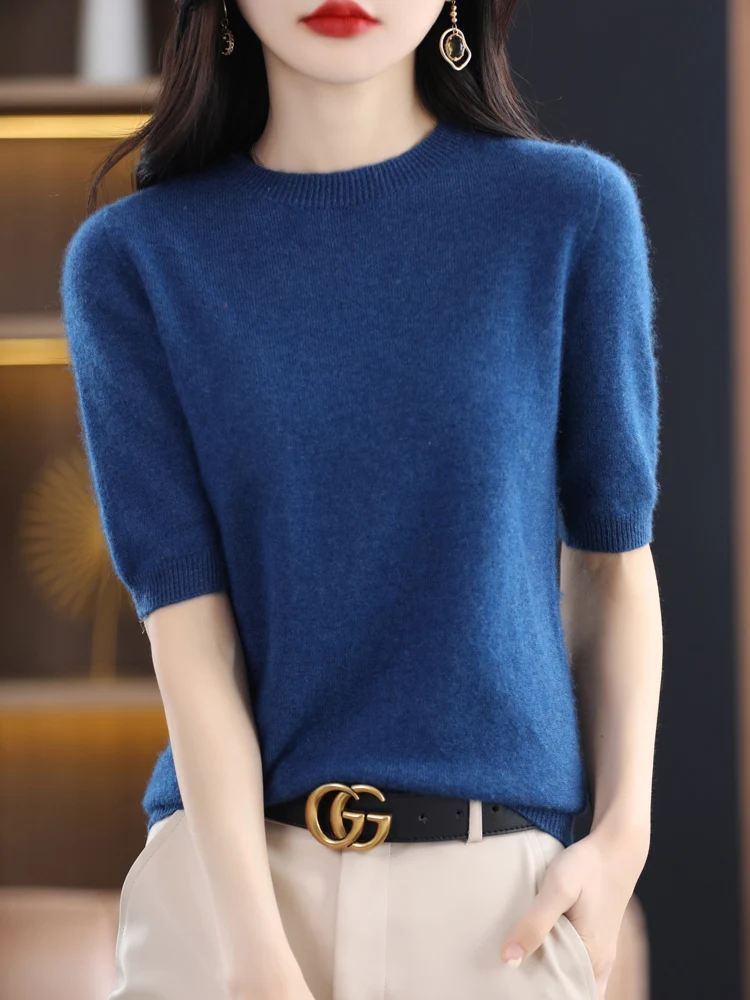 New O-neck Solid Color Pullover 100% Merino Wool Women\' Sweater Spring Summer Half sleeved Basic Clothing Single Fitting Tops