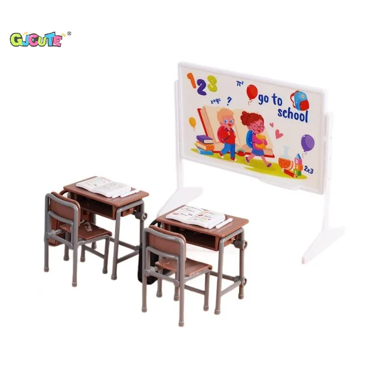 1 Juego de decoración para el aula, juguete 1:12 para casa de muñecas, escritorios en miniatura, sillas, pizarras, libros, mochilas escolares, modelo, accesorios para casa de muñecas