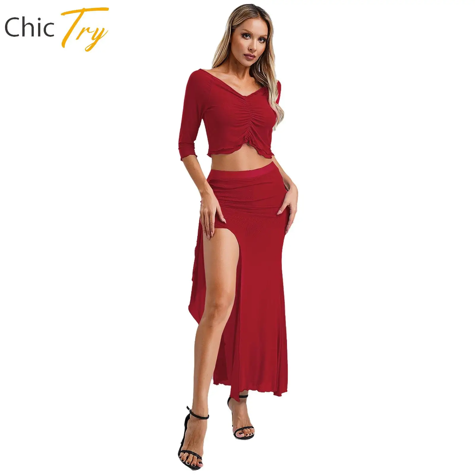 Women Jazz Dance Belly Dance Sheer Mesh Dance Outfit V Neck 3/4 Sleeve Crop Top and Side Slit Skirt with Undershorts 2-piece Set