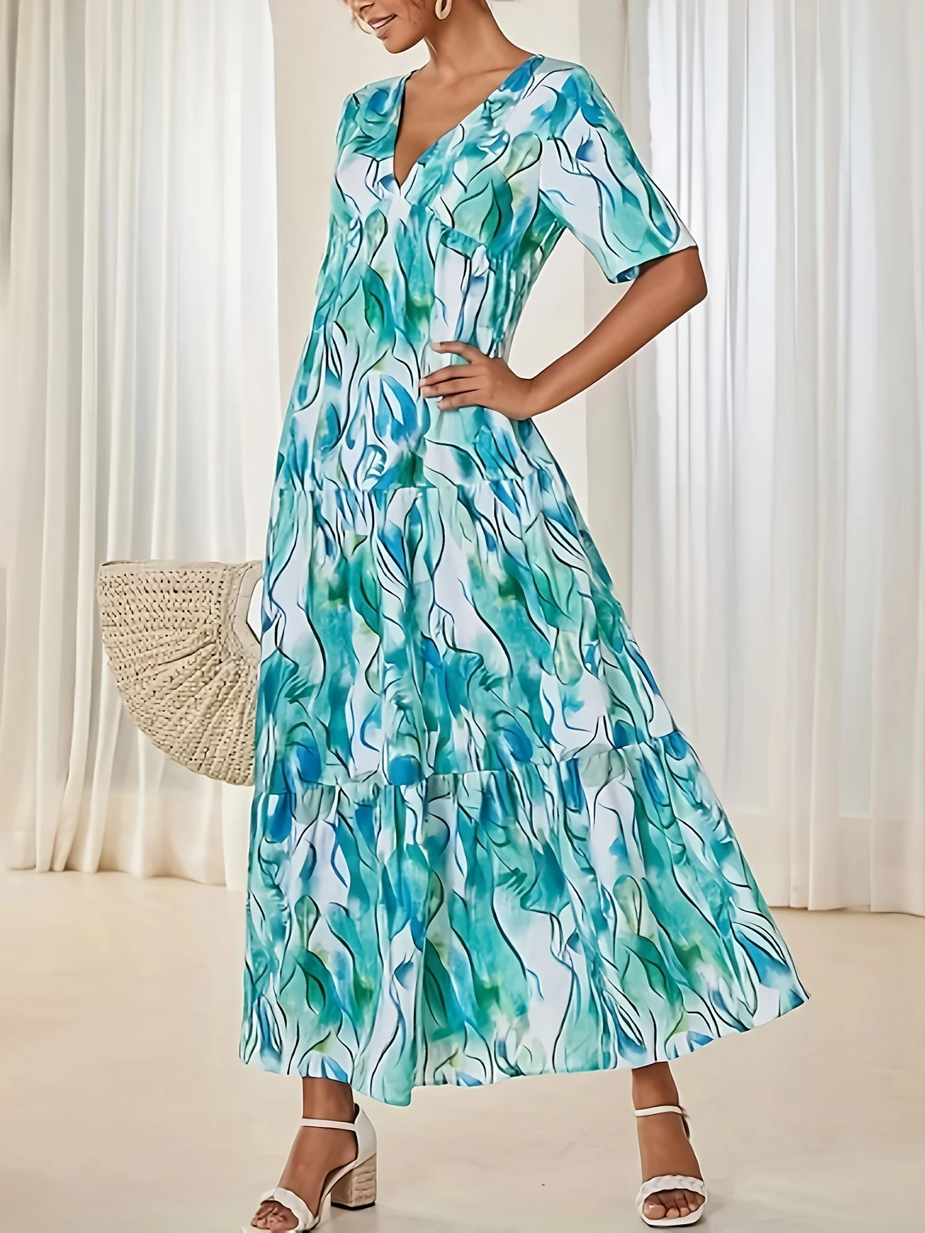 Vestido maxi feminino com decote em V, manga curta, azul cerceta, aquarela, estampa ondulada, em camadas