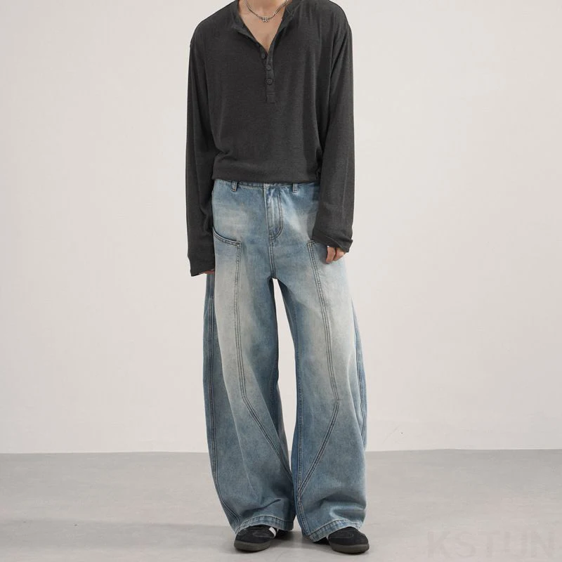 KSTUN النمط الأمريكي خمر الرجال الجينز غسلها واسعة الساق السراويل الفضفاضة فضفاضة التصحيح عارضة الجينز العصرية للزوجين التطهير السراويل