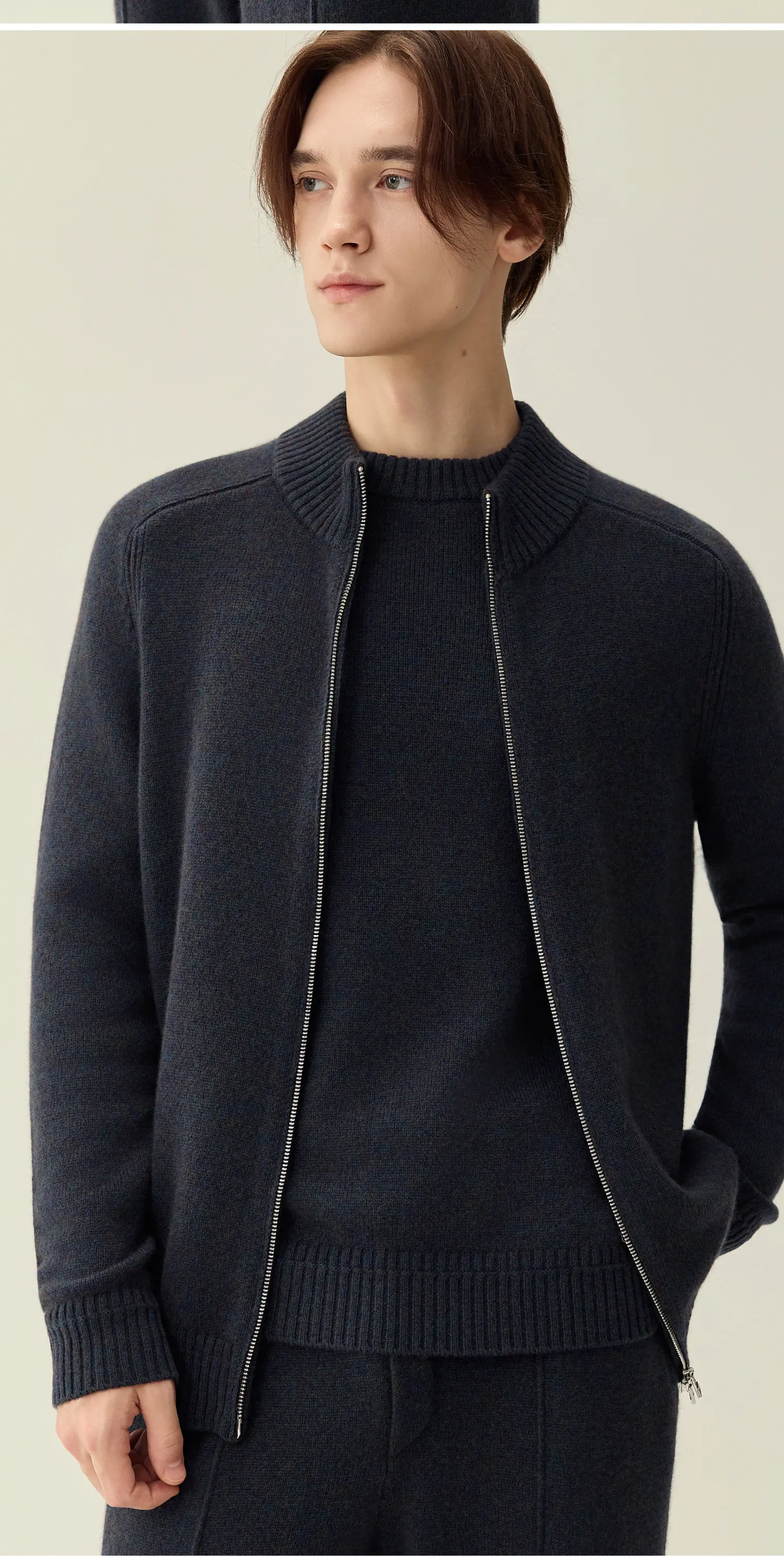 Cashmere sweater men's semi-high collar zipper cardigan old money luxury round neck bottoming shirt men