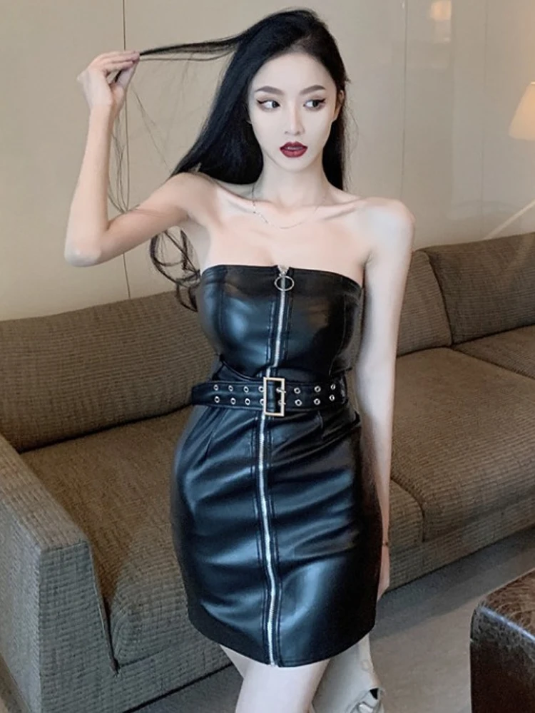 Frühling Sle Sexy Nachtclub Slim Fit ort Rock PU Leder Dr mit Gürtel Hohe Taille Koreanische Version Pendeln Einzelstück
