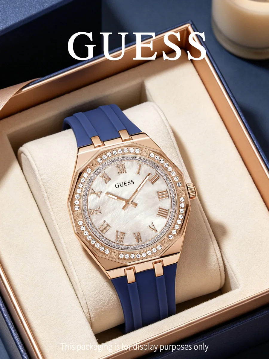 Guess Women’s Analog Watch, Rose Gold Crystal Bezel Mother Of Pearl Navy Silicone Strap GW0872L3