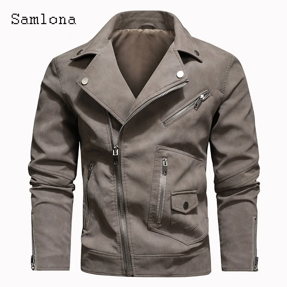

2024 Men's Pu Leather Jackets Lepal Collar Outerwear Khaki Black Soft Faux Leather Motorcycle Jacket Men Zipper Pocket Coats New