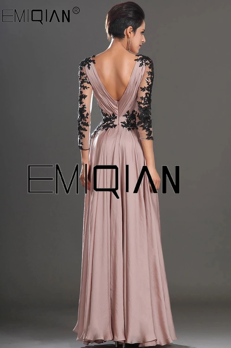 3/4 Sleeve V-neck Chiffon Evening Dress with Black Lace Appliques A Line Backless Evening Gowns