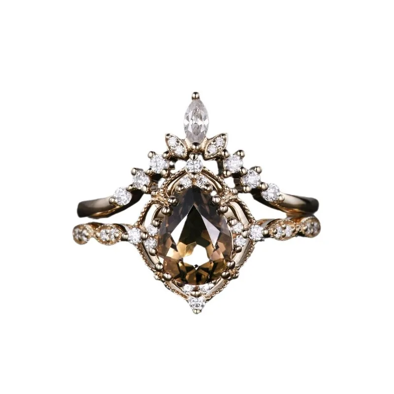 New European and American retro style champagne zircon inlaid luxury two-piece women\'s ring set