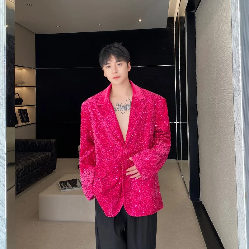 New Dazzling Sequins Blazer Jacket Men Padded Shoulder Velvet Collar Party Singer Stage Shiny Clothing Bright Suit Coat Male