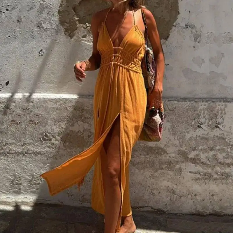 Sexy V Neck Tie Up Halter Women Spring Solid Hollow Split Boho Long Summer Sleeveless Backless Chic Maxi Dress