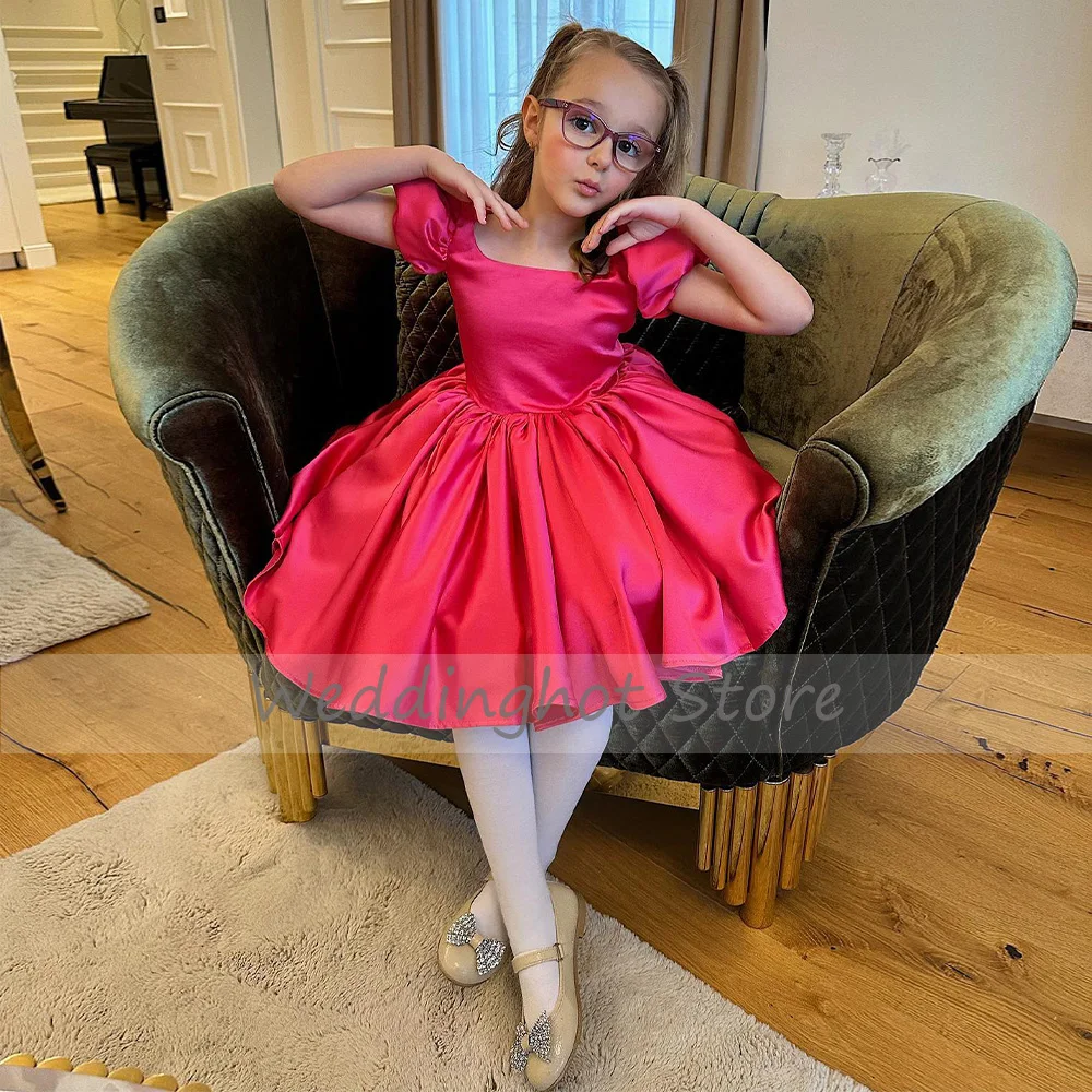 Satin Flower Girl Dresses Short Puff Sleeves Scoop A Line Flower Girl Gowns for Weddings Hot Pink Princess Child Birthday Dress