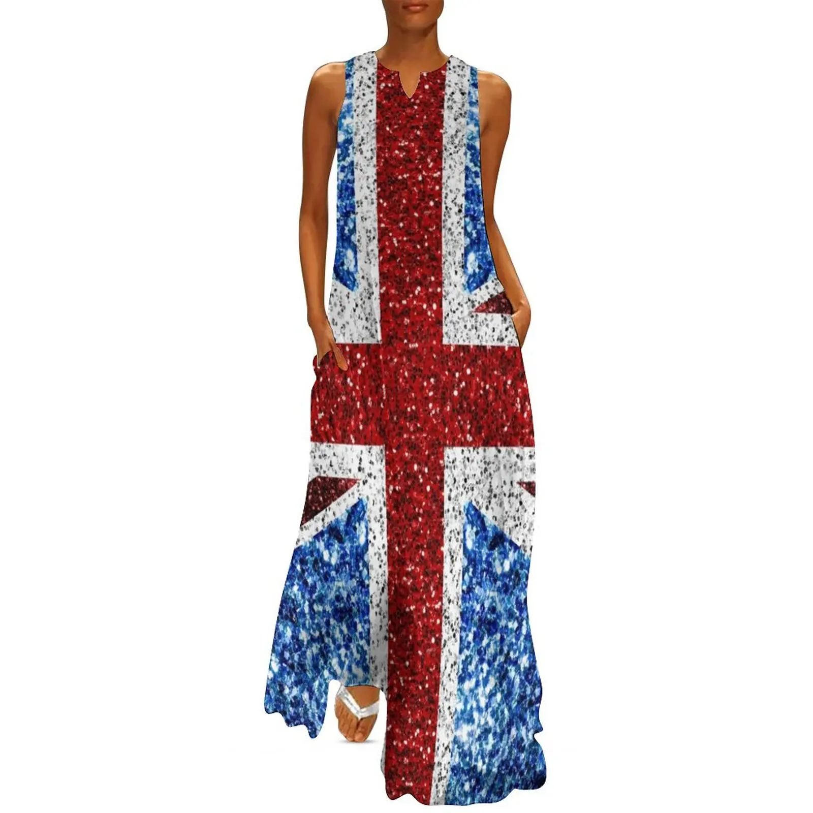 

UK flag red blue white faux sparkles glitters United Kingdom British Union Jack (Photo of Glitter - Not Reflective) Long Dress