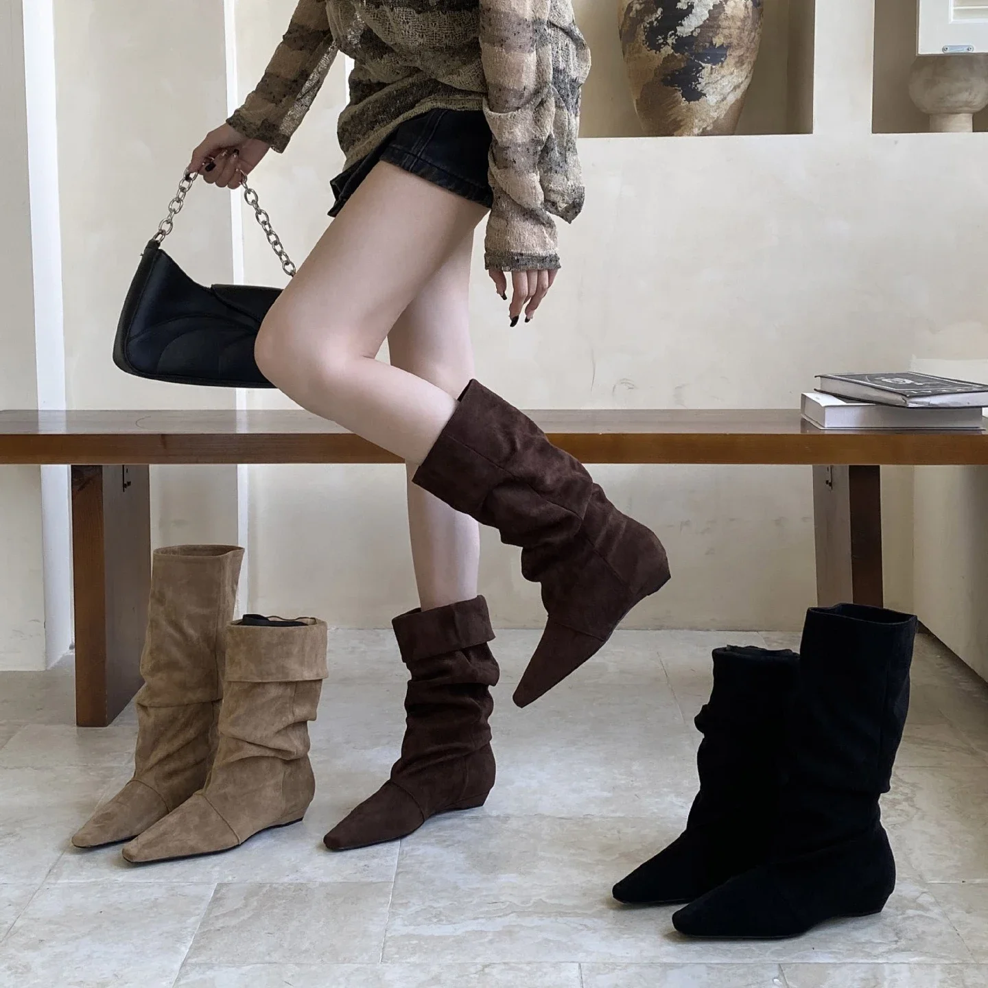 

Pointed Toe over Knee Boots High Tube Vintage Long Boots Inner Heightening Big Tube Wrap Slimming Long Boots Autumn Winter New